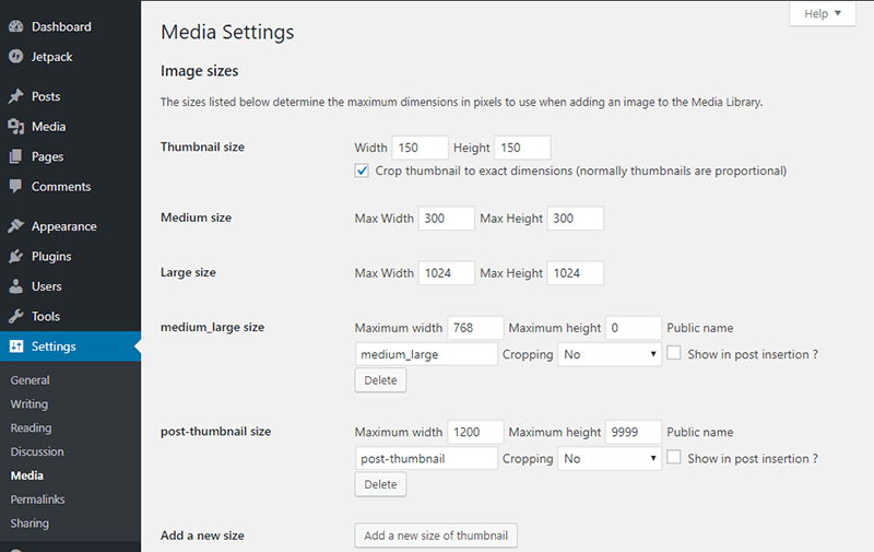 The Simple Image Sizes plugin adds all images sizes from themes & plugins to your Media Settings page